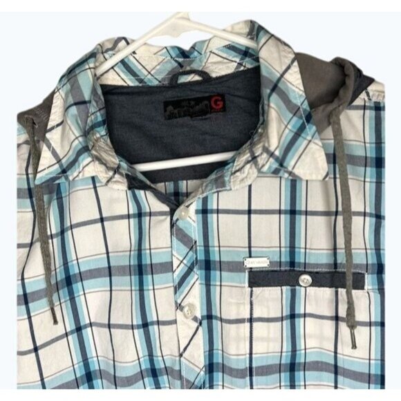 G By  Guess Mens Sleeveless Plaid Button-Up Shirt With Removable Hood XL - Picture 9 of 11